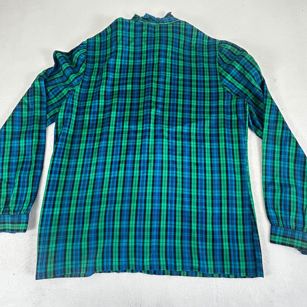 Vintage JCPenney Fashions Plaid Blouse Green Blue Ruffle Neck ILGWU USA 13/14 - Picture 4 of 9